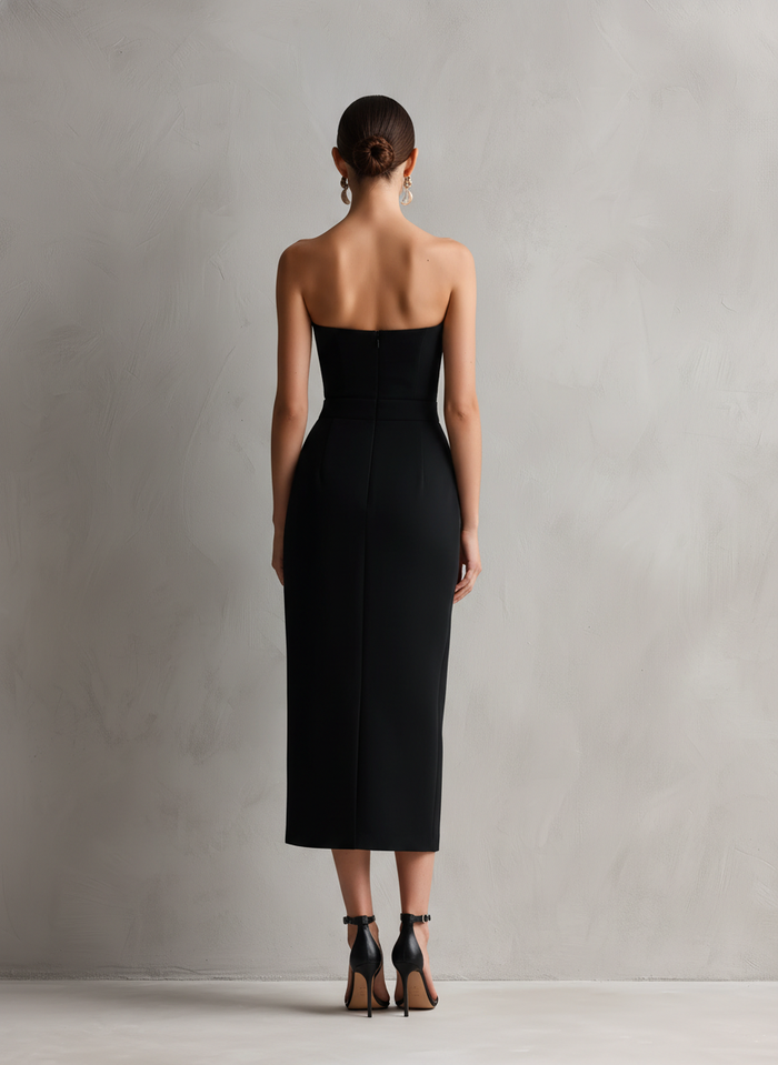 Women's Elegant Black Stretch Strapless Bodycon Midi Dress MDZ0669A6AN