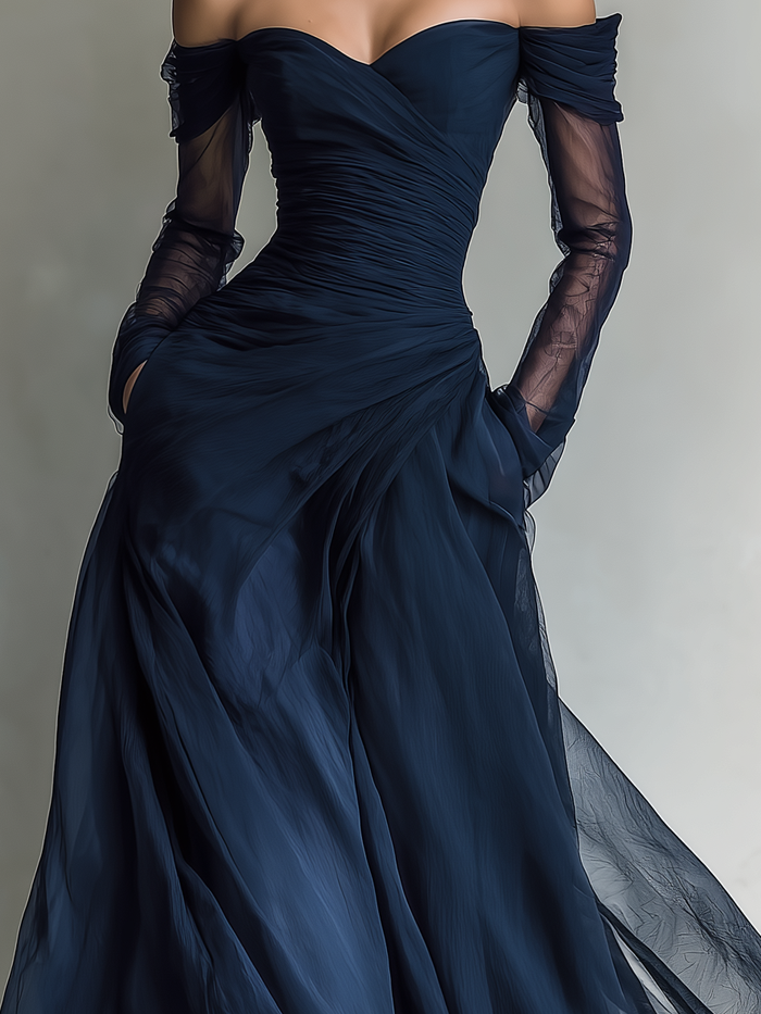 Women's Elegant Dark Blue Chiffon Organza Off-shoulder Long-sleeved Fitted Maxi Dress MDA1711L9AN