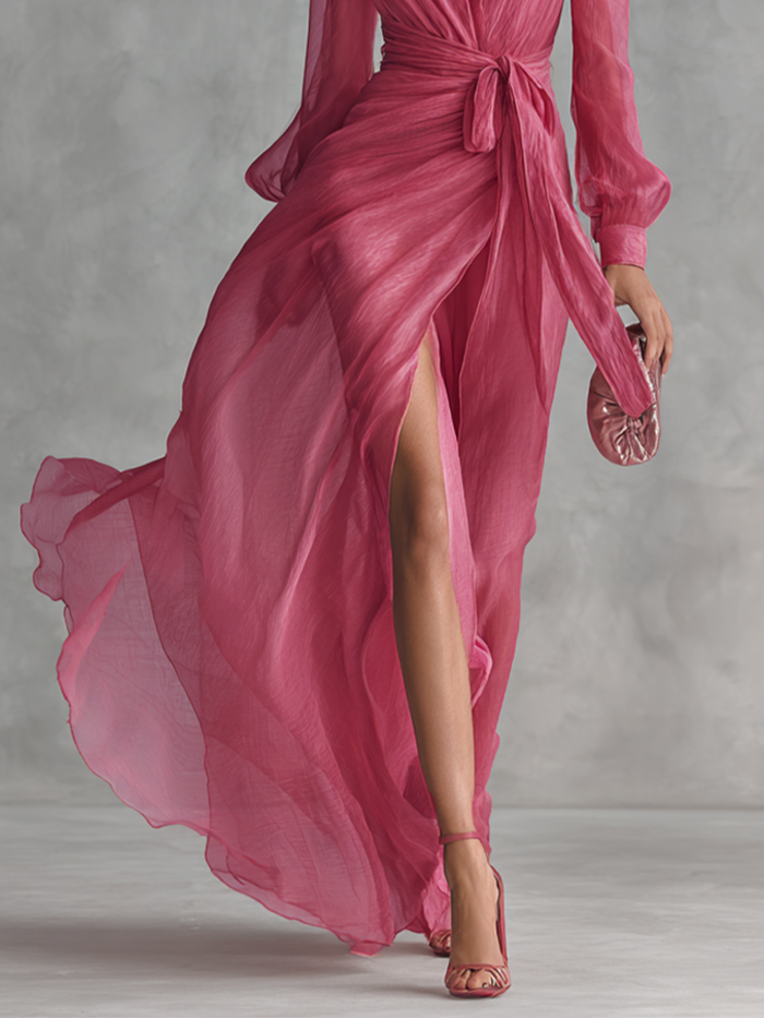 Women's Elegant Rose Pink Pearl Chiffon V-neck Tie-waist Long Dress MDZ1925A7BA