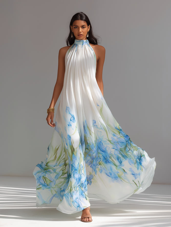 Women's Elegant White Printed Chiffon Halter-Neck Sleeveless Maxi Dress MDZ1415D5LXY