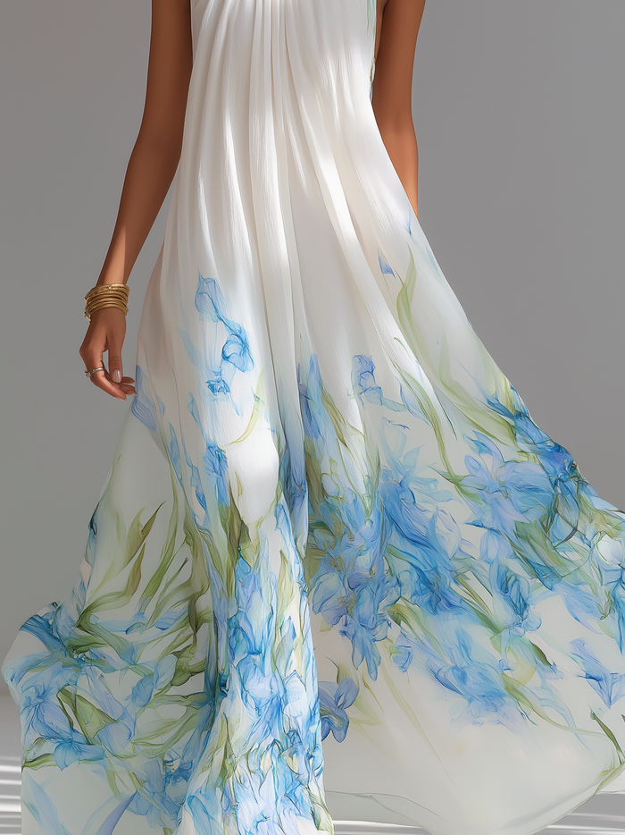 Women's Elegant White Printed Chiffon Halter-Neck Sleeveless Maxi Dress MDZ1415D5LXY