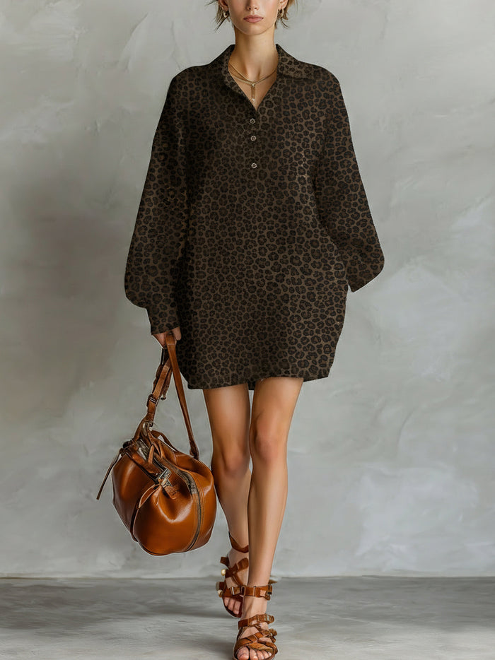 Women's Fashionable Brown Leopard Print Loose Open Neckline Long Sleeve Dress MDA1895L2AN