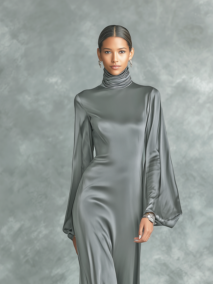 Women's Fashionable Grey Satin High-neck Long-sleeved Loose-fitting Maxi Dress MDZ0690A0AN