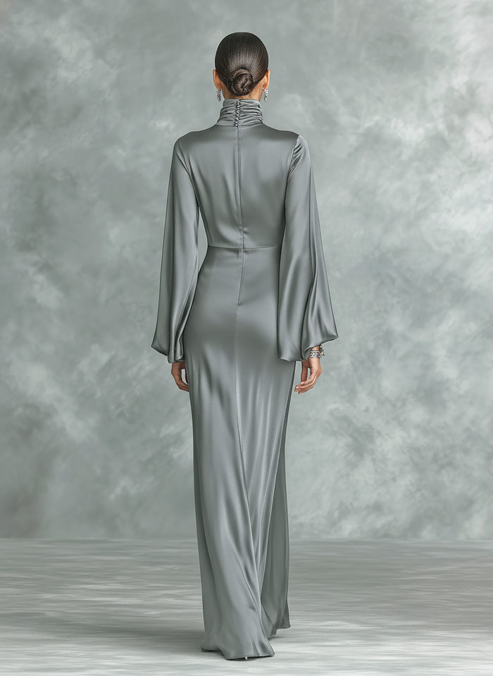 Women's Fashionable Grey Satin High-neck Long-sleeved Loose-fitting Maxi Dress MDZ0690A0AN