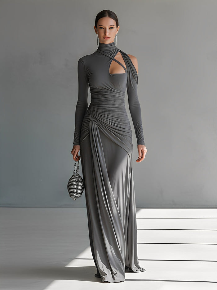 Women's Grey Silky Stretch Sophisticated Ruched Detail Cut-Out Maxi Dress MDA0546K6I