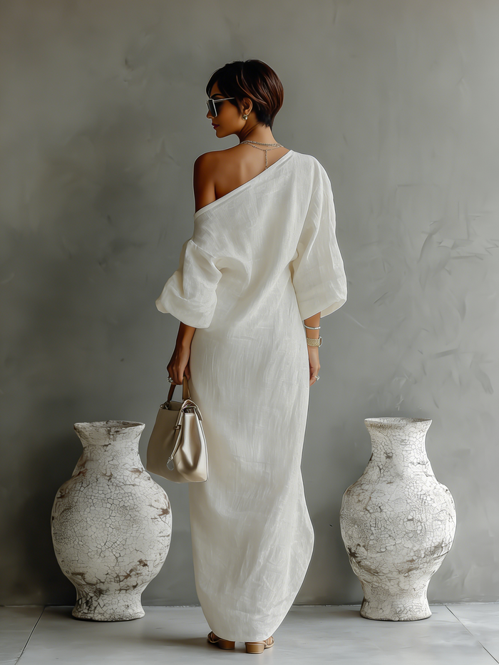 Women's Ivory White Cotton-Linen Blend One-Shoulder Flowing Elegant Dress MDA3032K4T