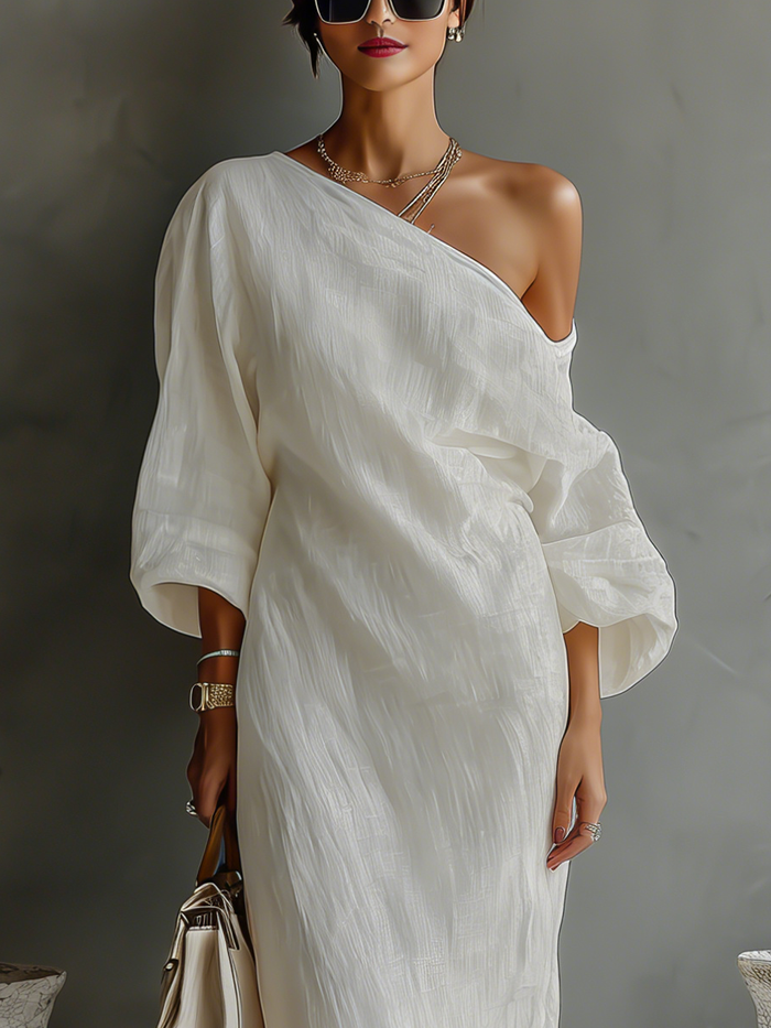 Women's Ivory White Cotton-Linen Blend One-Shoulder Flowing Elegant Dress MDA3032K4T