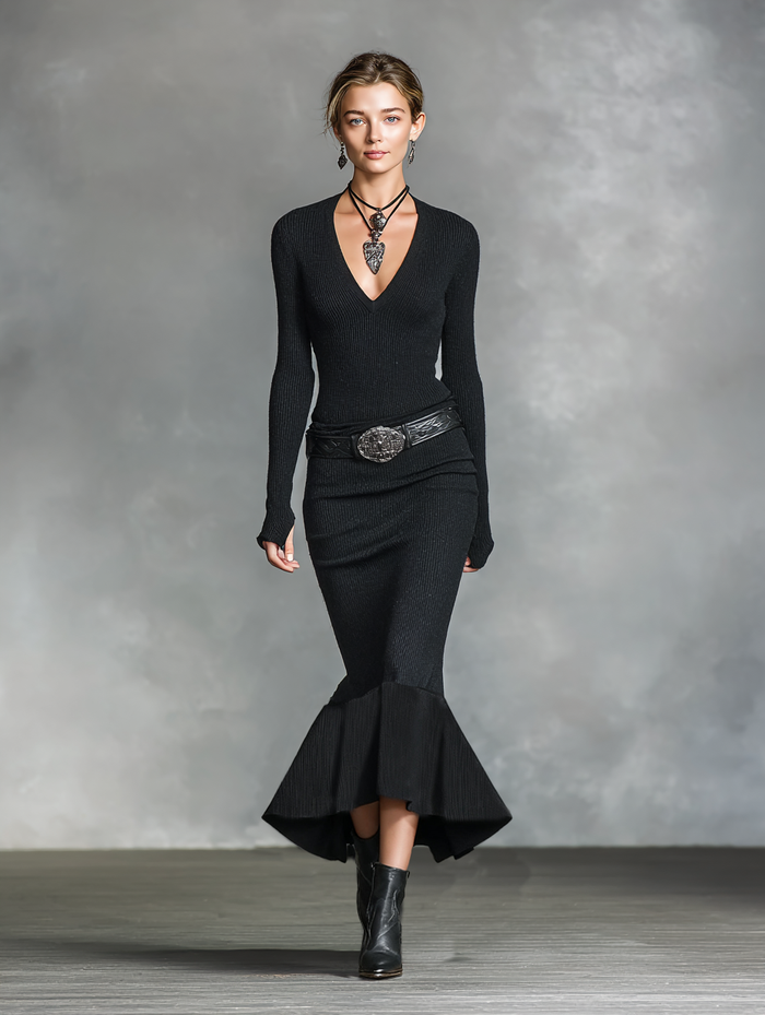Women's Knitted V-neck Slim Long Sleeves Maxi Dress (Without Belt)MDA0717H5Y