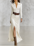 Women's Lapel Long Sleeve Waist-tightening Maxi Dress (without Belt)MDA2480G9Y