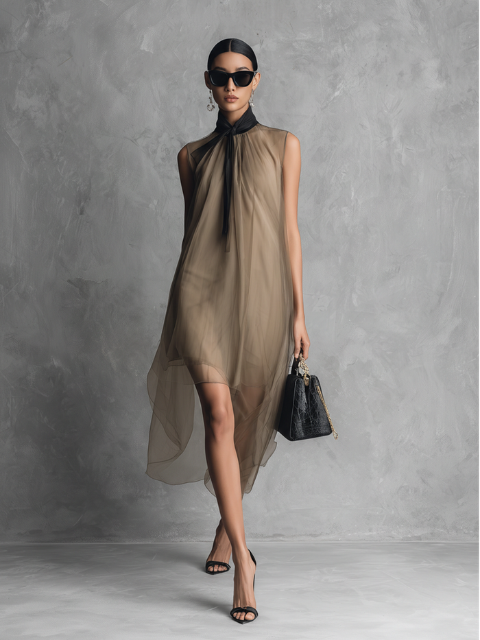Women's Light Luxury Khaki And Brown Color-blocked Chiffon Sleeveless Dress MDZ1535A7BA