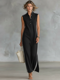 Women's Minimalist Athletic-Style Sleeveless Henley Maxi Dress MDZ1960C6Y