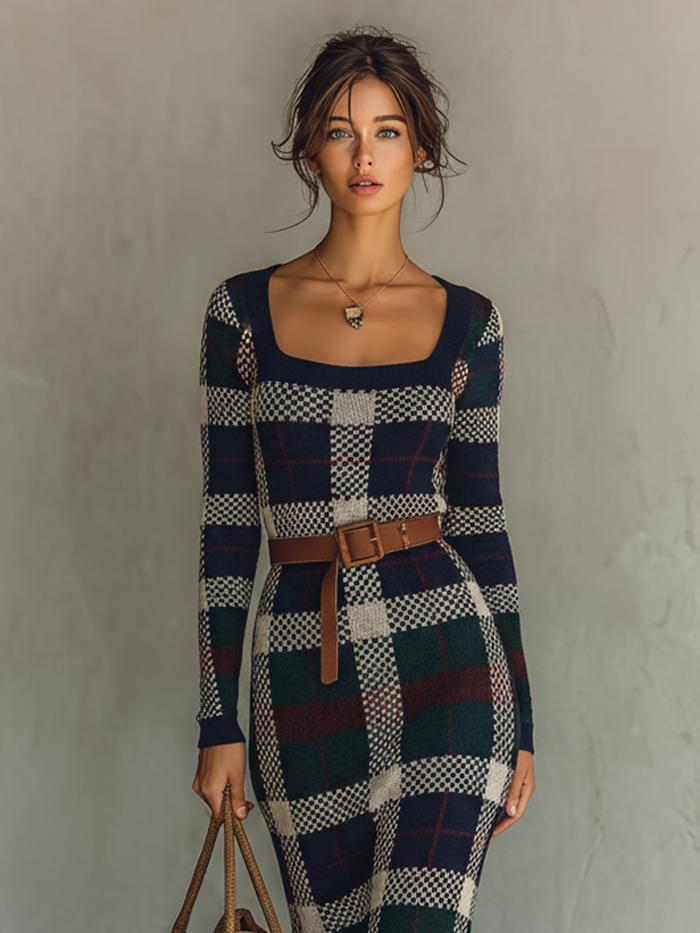 Women's Minimalist Check Knit Belted Square Neck Maxi Dress MDA2984J0Y