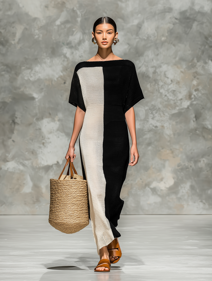 Women's Minimalist Knitted Boat Neck Short-sleeved Maxi Dress MDZ0969A4Y