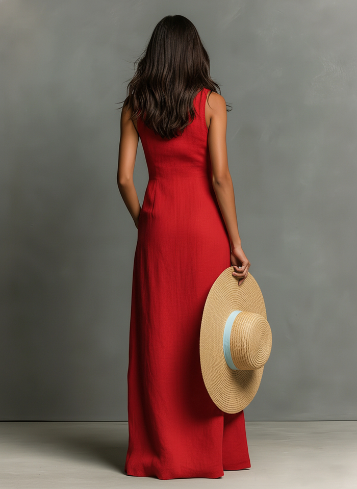Women's Minimalist Linen-Blend Collared Single-Breasted Sleeveless Maxi Shirt Dress MDZ1011C0Y