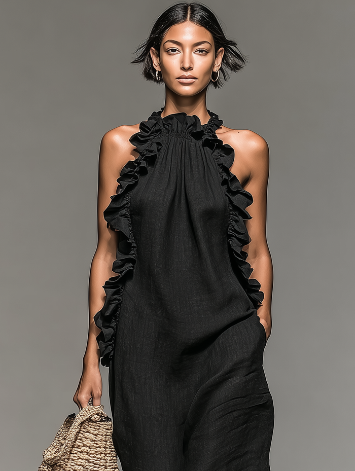 Women's Minimalist Linen-blend Sleeveless Maxi Dress With Ruffle Details MDZ1622A0Y