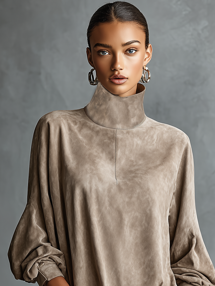 Women's Minimalist Loose-fitting Faux Suede High-neck Mini Dress MDA2423K1Y
