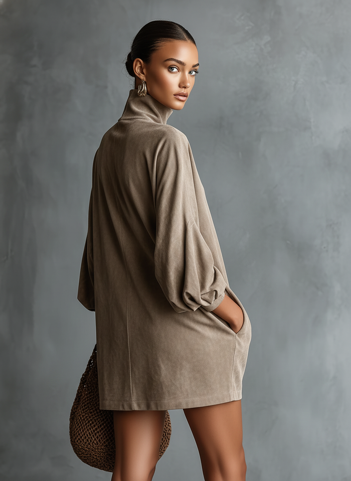 Women's Minimalist Loose-fitting Faux Suede High-neck Mini Dress MDA2423K1Y