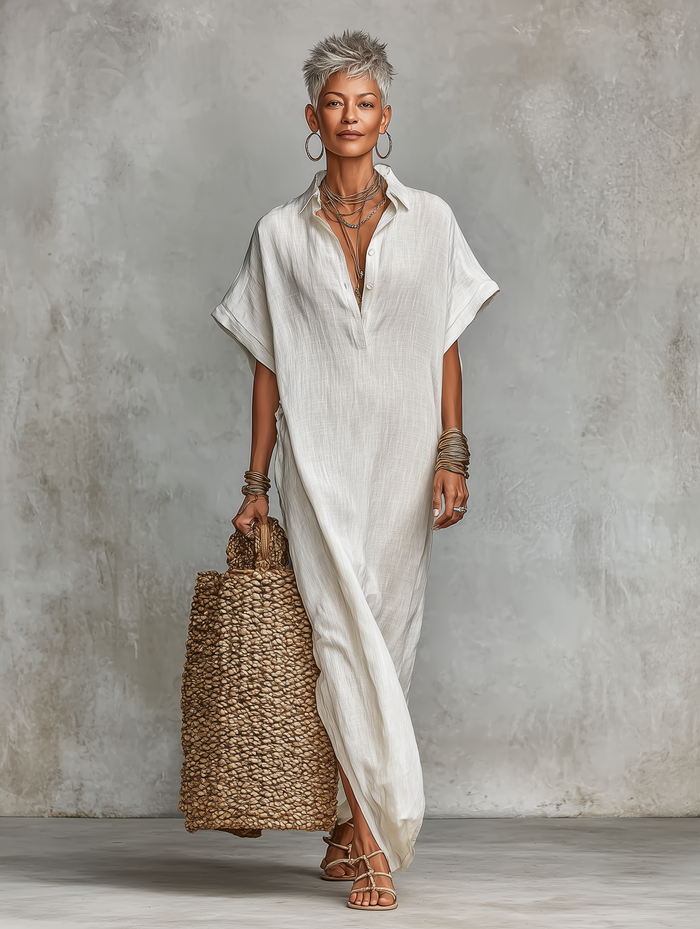 Women's Minimalist Loose-fitting Shirt Maxi Dress MDZ0678A4Y