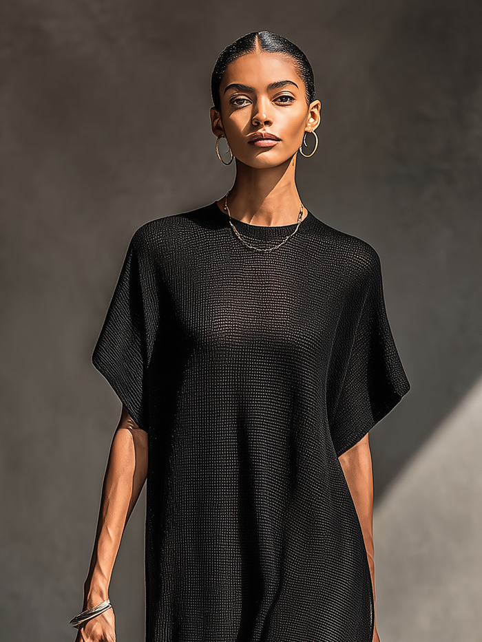 Women's Minimalist Sheer Knit Short-sleeved Maxi Dress MDZ0911A8Y