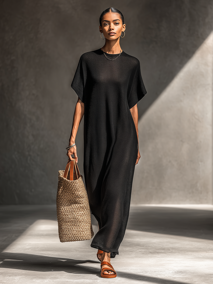 Women's Minimalist Sheer Knit Short-sleeved Maxi Dress MDZ0911A8Y
