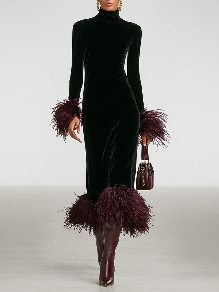Women's Minimalist Velvet Patchwork Faux Ostrich Feather Cuffs And Hem Maxi Dress MDA1174J9Y