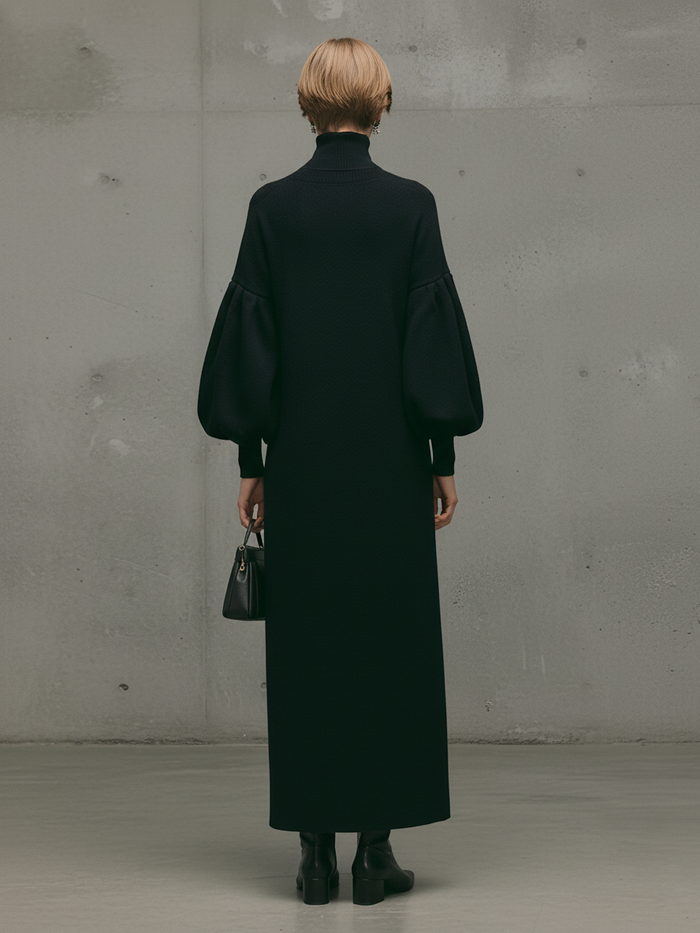 Women's Modern Black Turtleneck Puff-Sleeve Sweatshirt Maxi Dress MDA1503L6AU