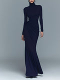 Women's Navy Elegant Stretch Polyester-Cotton Blend Turtleneck Draped Maxi Dress MDA1742J1I