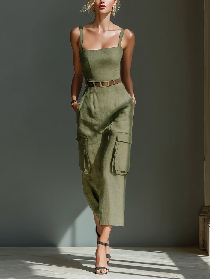 Women's Olive Green Linen Fabric Sleeveless Midi Dress With Cargo Pockets & Belted Waist MDZ2753A1T