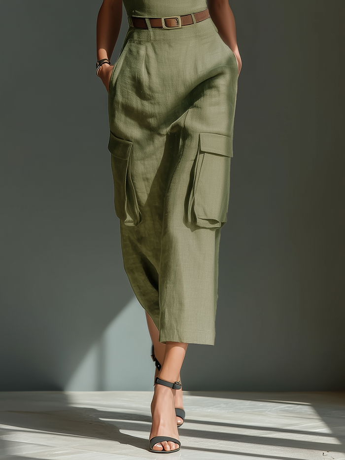 Women's Olive Green Linen Fabric Sleeveless Midi Dress With Cargo Pockets & Belted Waist MDZ2753A1T