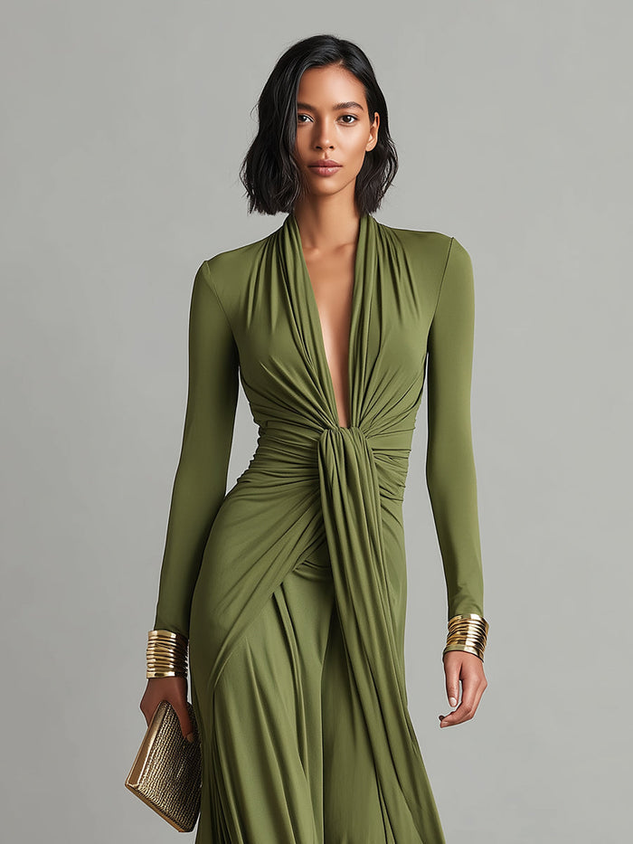 Women's Olive Silky Stretchy Dress With Deep V-Neck & Ruched Detail, Glamorous Maxi Dress MDA0509L8I