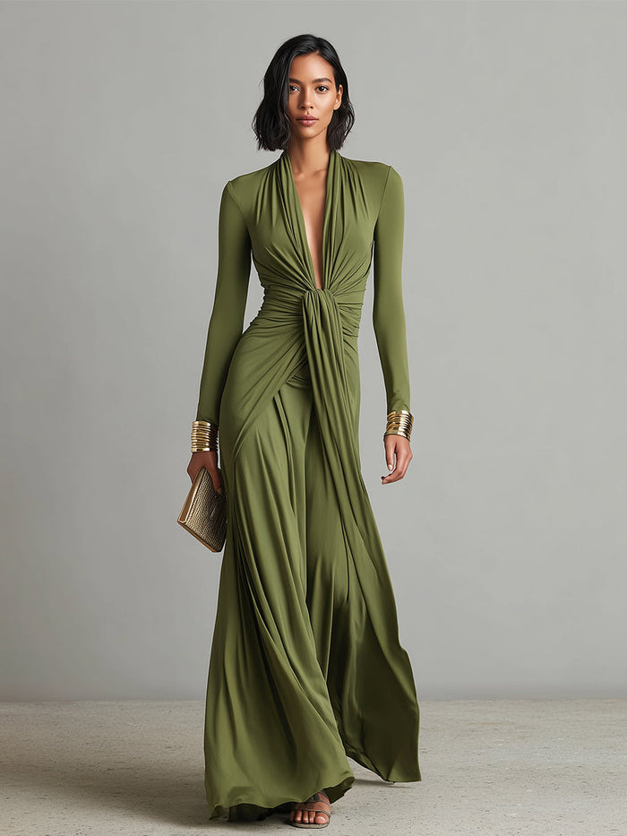 Women's Olive Silky Stretchy Dress With Deep V-Neck & Ruched Detail, Glamorous Maxi Dress MDA0509L8I