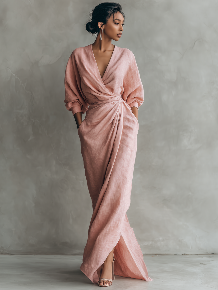 Women's  Pink Minimalist V-neck Linen Blend Maxi Dress MDA1655L0Y