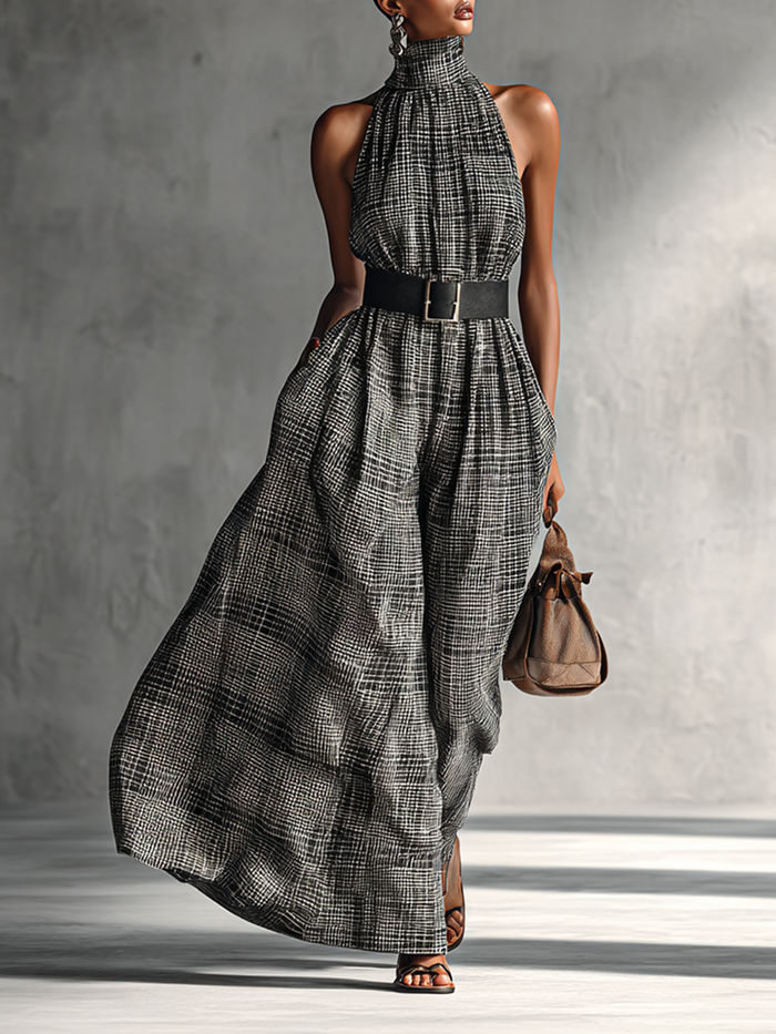 Women's Plaid High Collar Sleeveless Belted Maxi Dress MDA1002G2Y