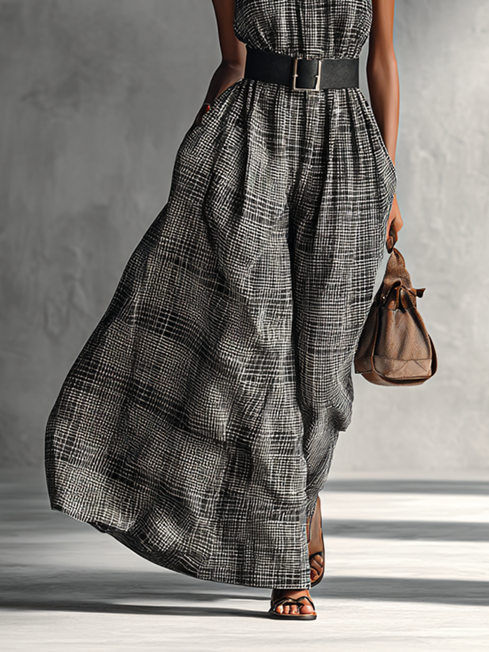 Women's Plaid High Collar Sleeveless Belted Maxi Dress MDA1002G2Y