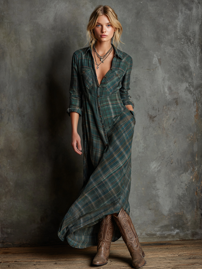Women's Plaid Lapel Single-Breasted Shirt Maxi Dress MDA1249H1Y