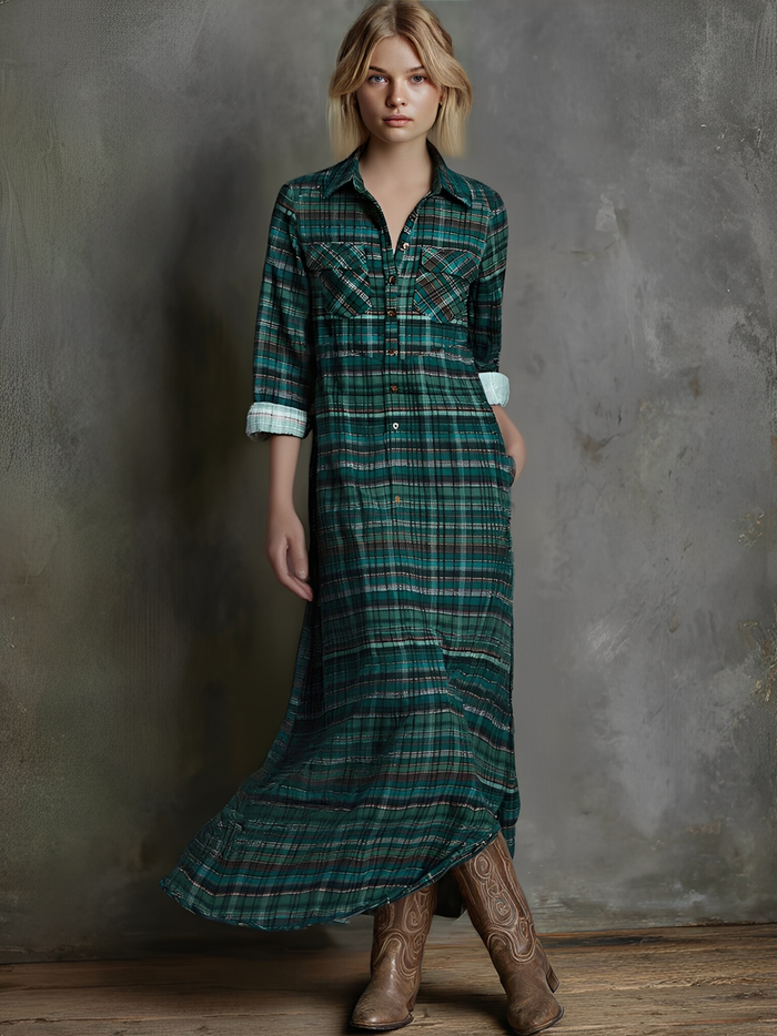 Women's Plaid Print Long-sleeved Shirt Maxi Dress MDA0514L8Y