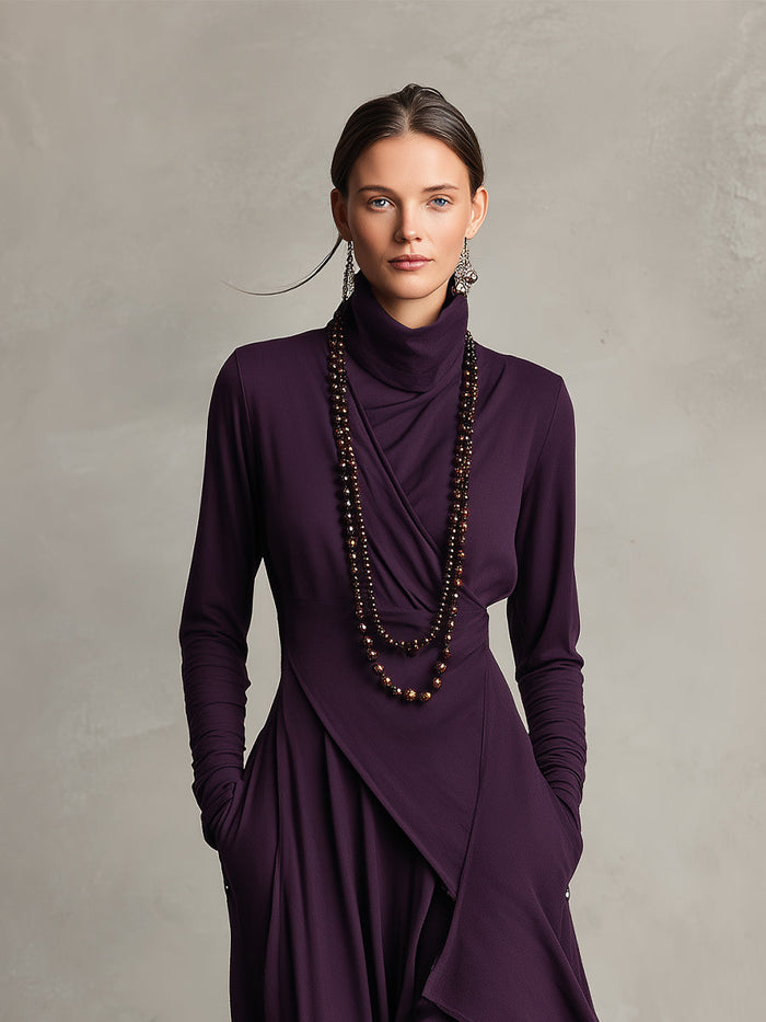 Women's Purple Bohemian Cotton Stretch Turtleneck Asymmetrical Draped Maxi Dress MDA2055J9I