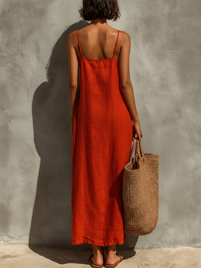 Women's Red Cotton Dress With Spaghetti Straps & Square Neck, Timeless Boho-Resort Style Dress MDZ0924C3I