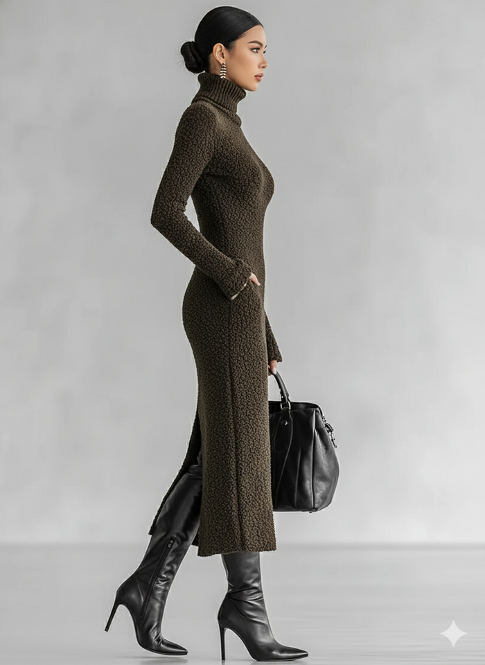 Women's Slim Fit Plush Knitted High Neck Side Slit Midi Dress MDA1401J4Y