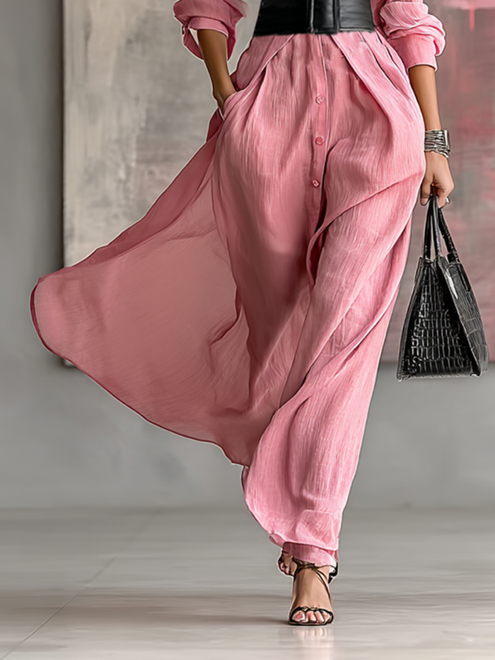 Women's Solid Color Lapel Long Sleeve Single Breasted Belt Maxi Shirt Dress MDA0917G0Y