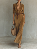 Women's Suede Single-breasted Lapel Belt Maxi Dress MDA1205H8Y