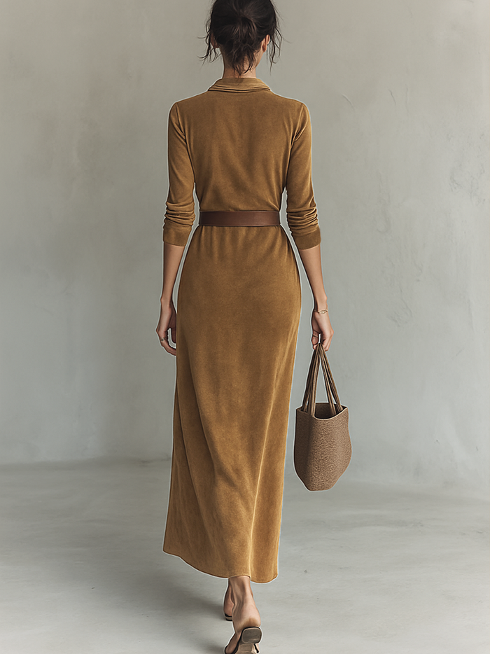 Women's Suede Single-breasted Lapel Belt Maxi Dress MDA1205H8Y