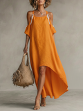 Women's Tangerine Linen Dress With Cold Shoulder & High-Low Hem, Timeless Boho-Resort Style Dress MDZ0337C4I