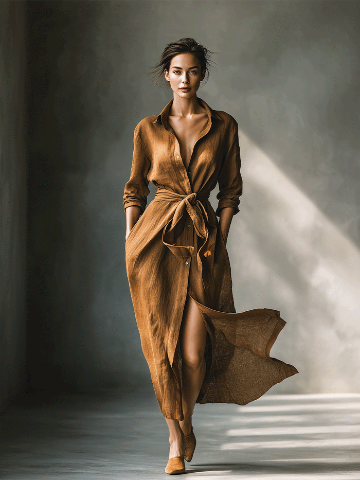 Women's Vintage Brown Blend Shirt Maxi Dress MDA2898G6I