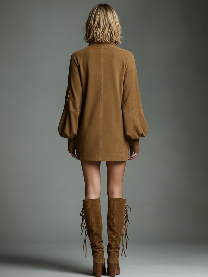 Women's Vintage Loose Suede Turtleneck Mini Dress MDA1693H3Y