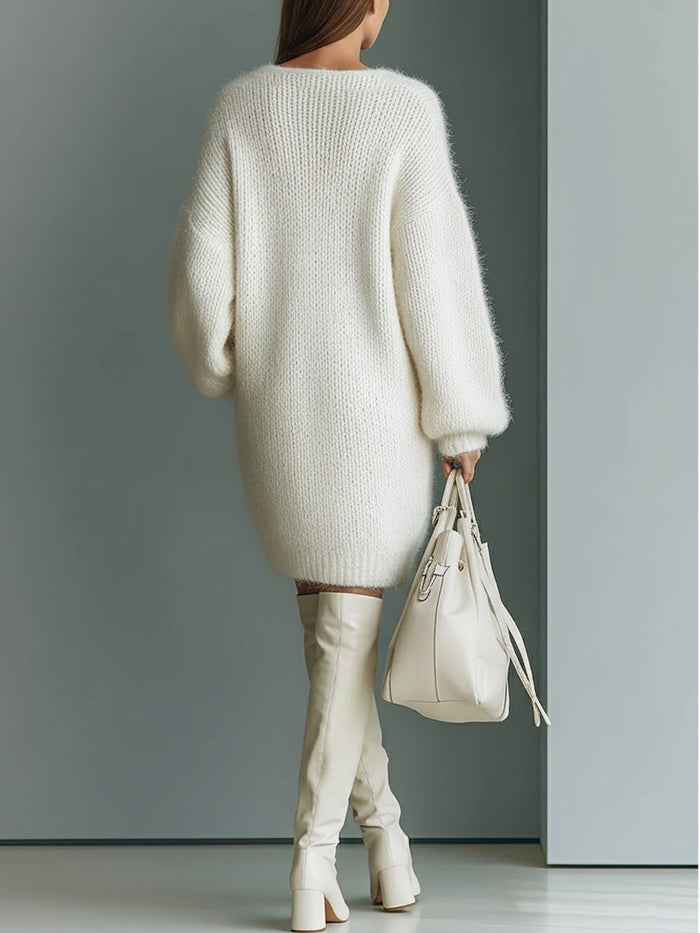 Women's White Elegant V - Neck Mini Sweater Dress MDA1331J0I