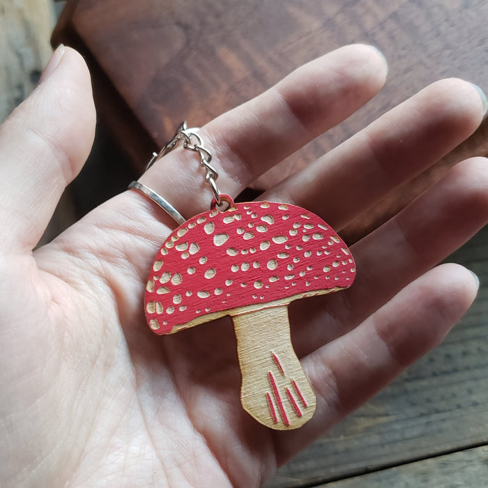 Wooden Amanita Mushroom Keychain