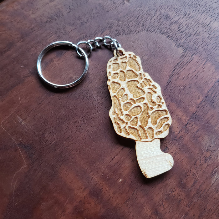 Wooden Morel Mushroom Keychain