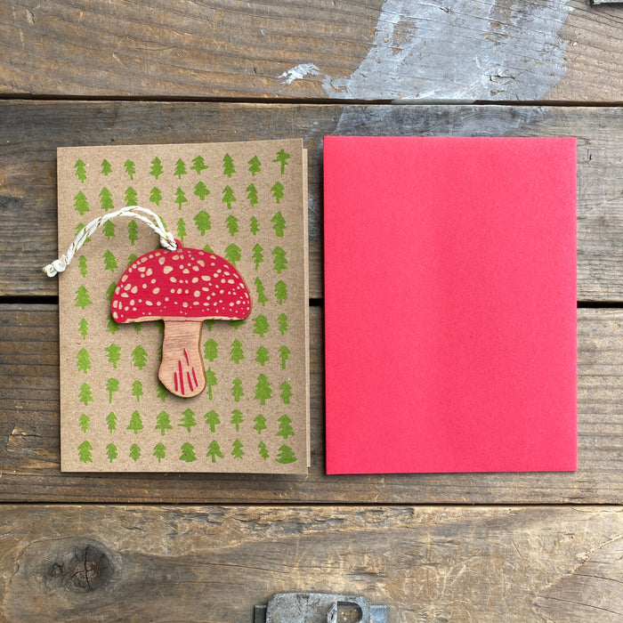 Wooden Mushroom Ornament + Greeting Card