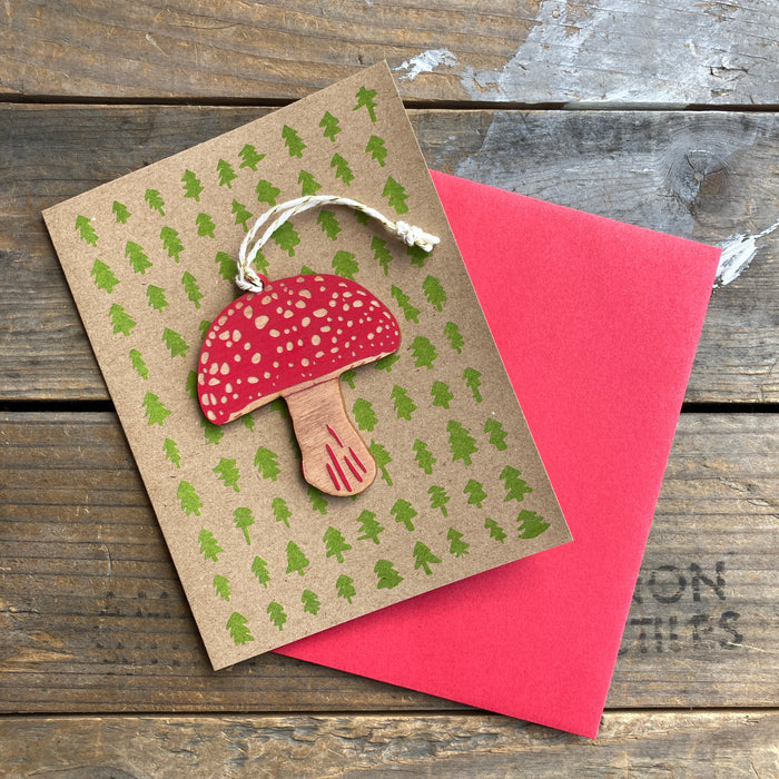 Wooden Mushroom Ornament + Greeting Card